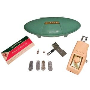Vtg Singer Buttonholer 489500 489510 + 4 Templates Green Clamshell Case & Manual